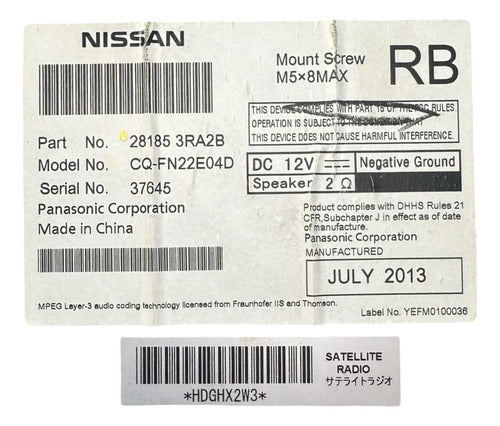 Estéreo Nissan Sentra 2013-2014 28185 3ra2b Negro
