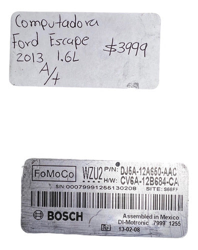 Computadora Ford Escape 1.6l A/t 2013 Dj5a-12a650-aac
